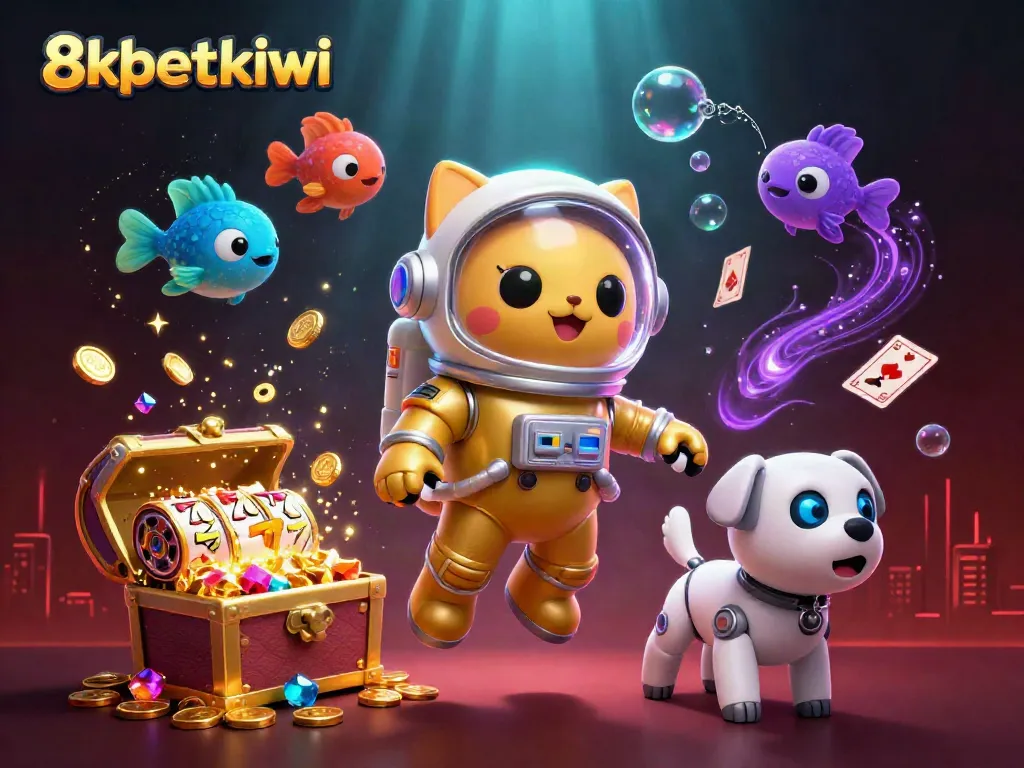 Engage in thrilling gameplay at 8xbetkiwi with vibrant 3D casino illustration showcasing astronauts, treasures, and gaming elements.