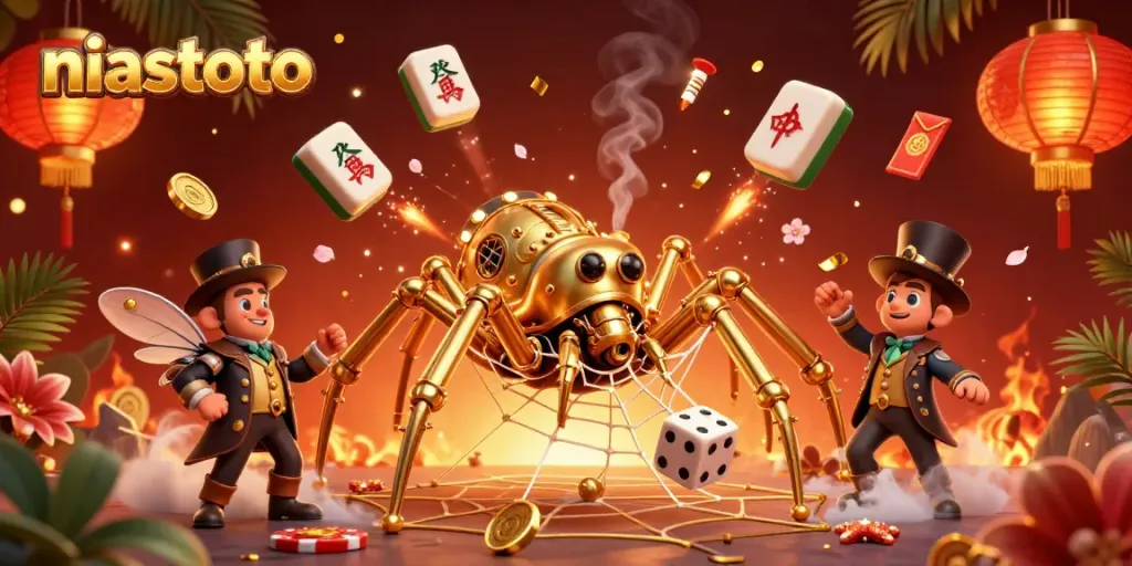 Engage with niastoto through a vibrant steampunk-themed 3D illustration highlighting golden spider and game elements.
