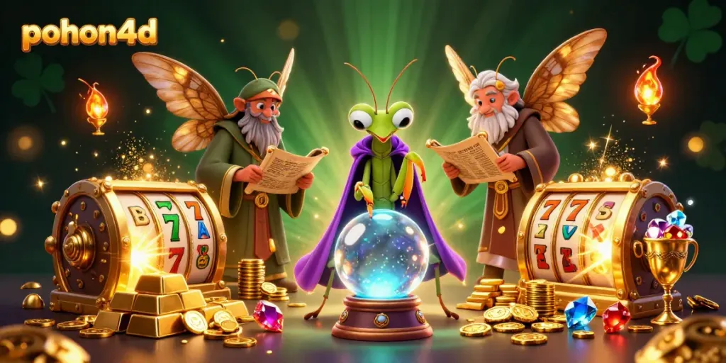 Pohon4d's vibrant online gaming scene showcasing a praying mantis fortune teller and a moth librarian among slot reels and treasures.
