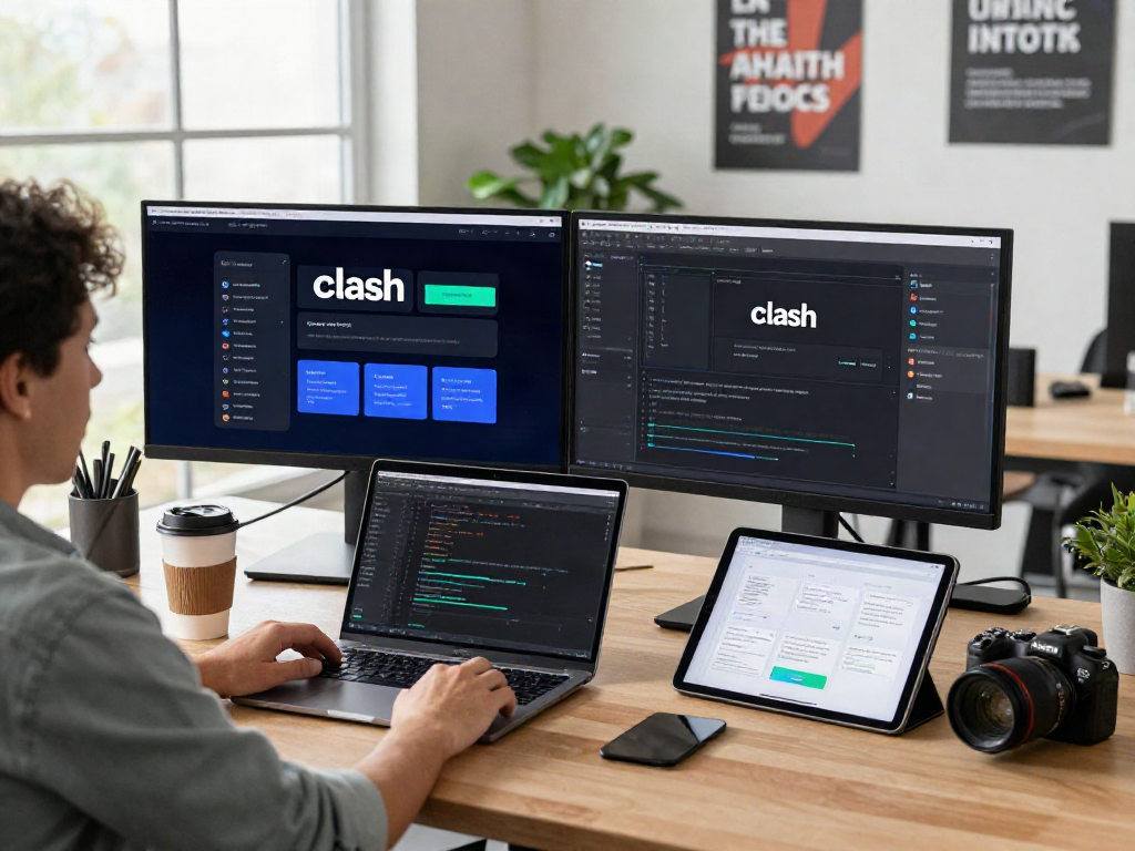 在clash官网的工作环境中，一位开发人员正在使用双显示器开发应用程序界面，展现创新和活力。