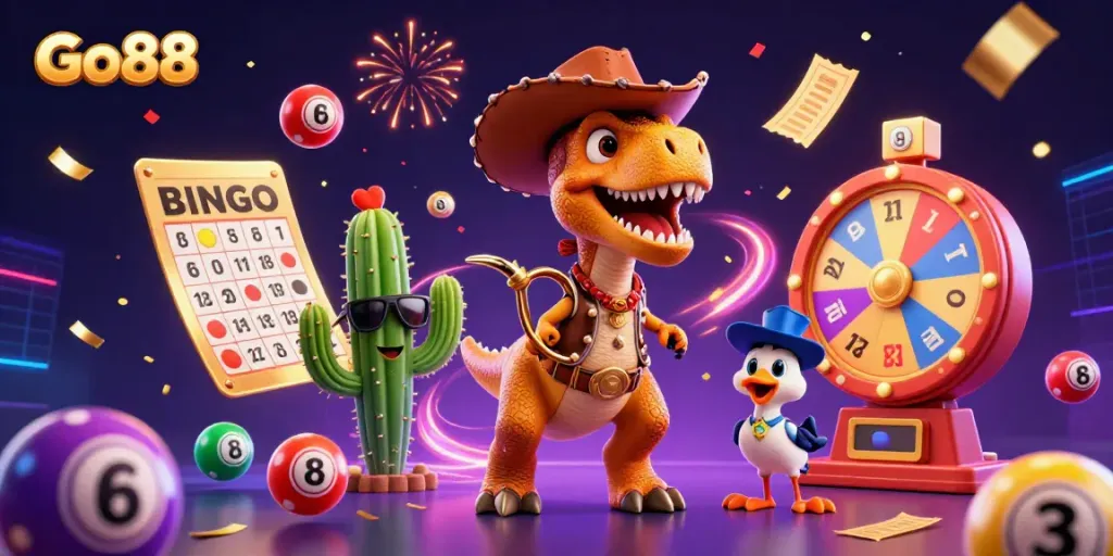 Experience the thrilling Go88 with a cowboy dinosaur amidst colorful game elements and dynamic energy.