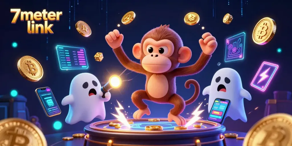 Engage with the 7meter link in a lively casino scene featuring a poltergeist monkey and a curious puppy.