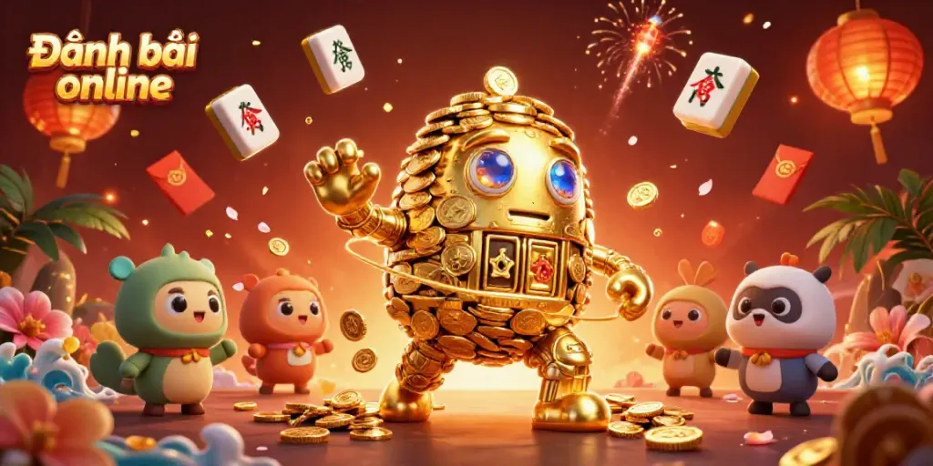 Engage in Đánh bài online with dynamic 3D elements highlighting the excitement of online card games.