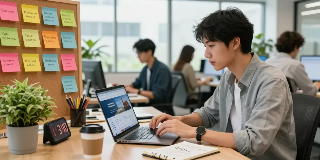 Engaged professional exploring หางาน opportunities in a vibrant co-working space