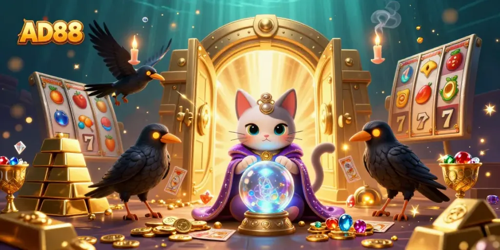 Engage with AD88's thrilling gaming scene featuring a mystic cat and raven amid treasures.