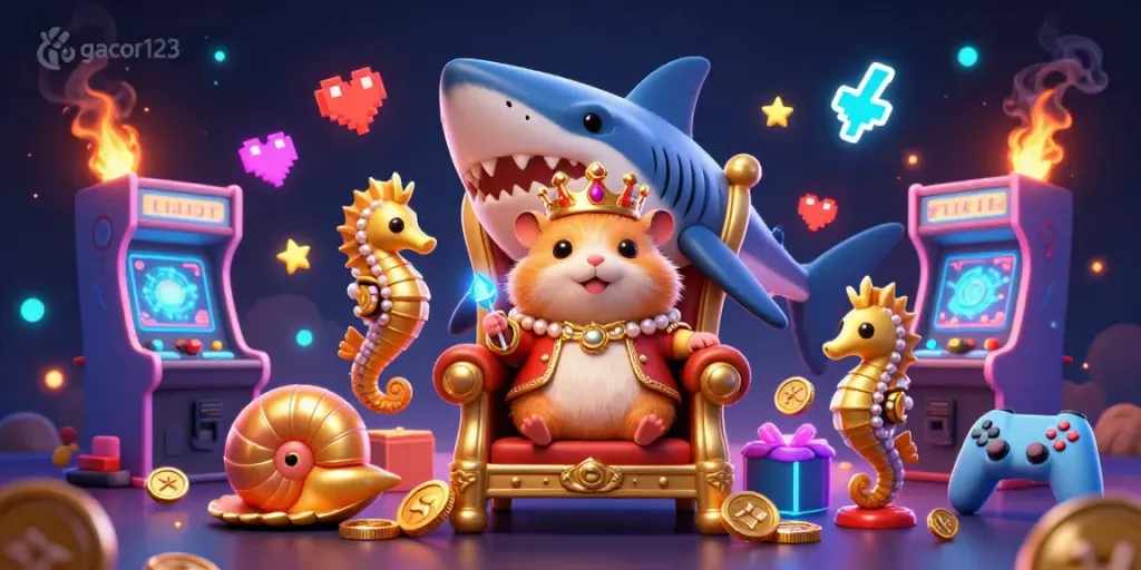 Experience the thrilling world of gacor123 with a vibrant representation of casino gaming elements and joyful characters.