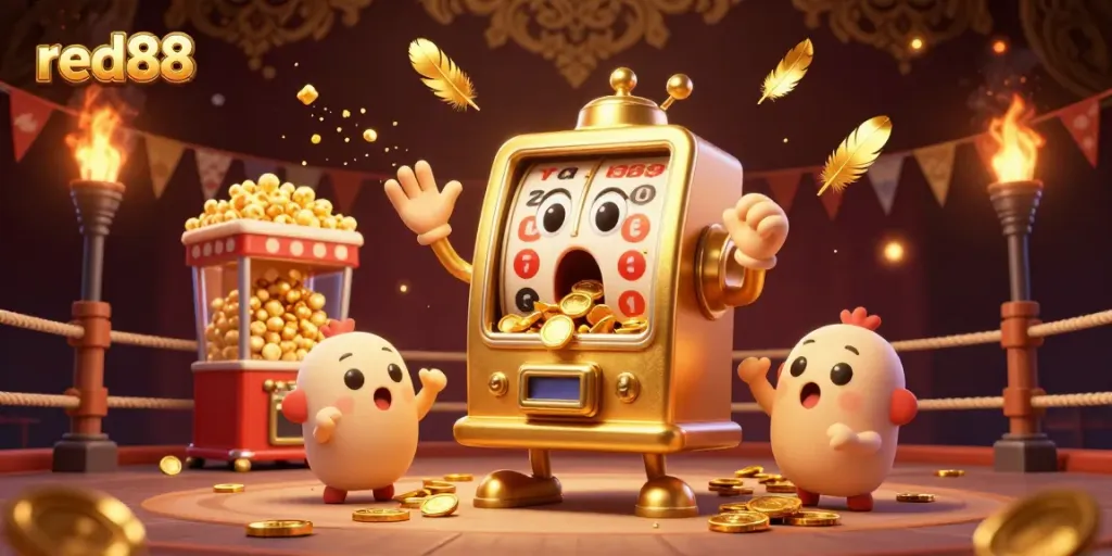 Experience the thrill of red88 with a golden slot machine hitting a jackpot amidst a vibrant casino atmosphere.