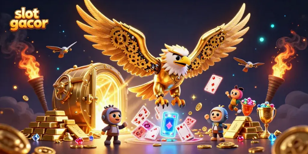 Experience the thrill of slot gacor with a golden eagle soaring amidst treasure and holographic cards.