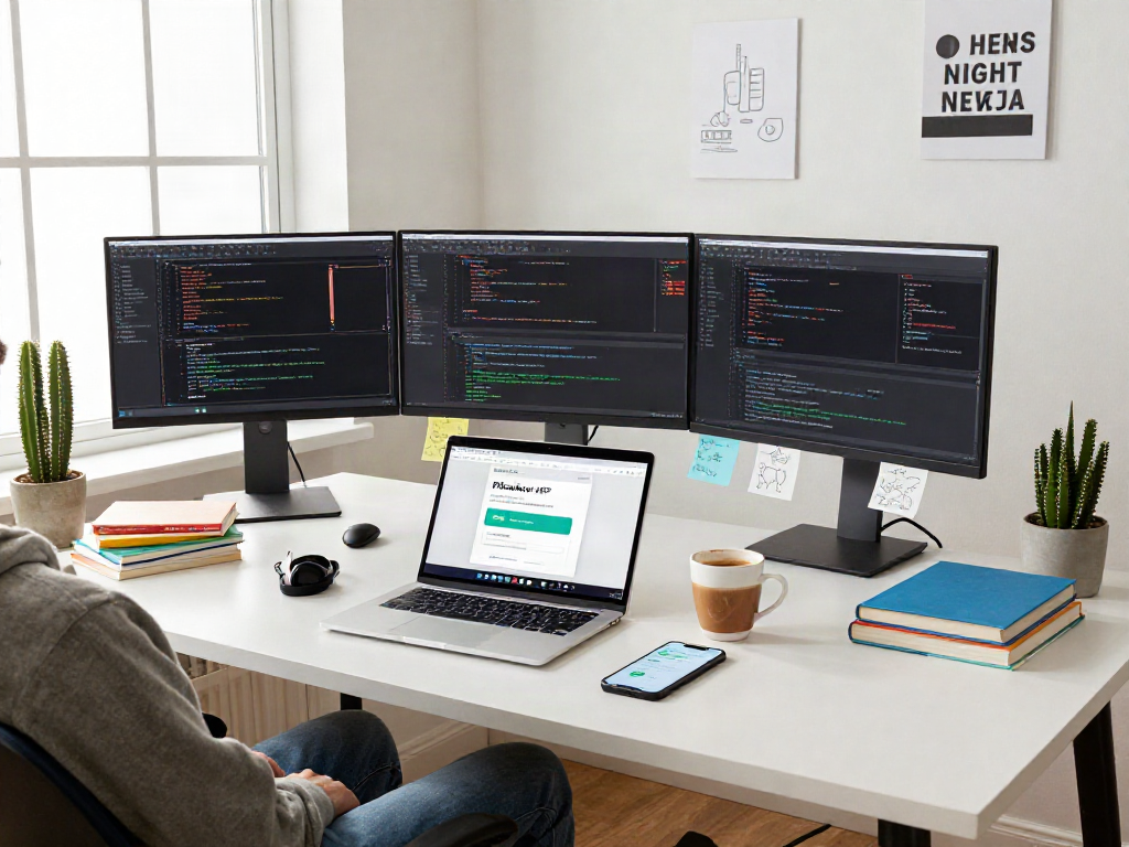 Pikashow APK download workspace with developer coding and vibrant tech gadgets.