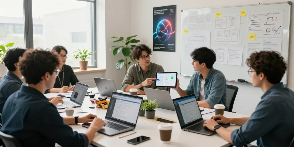Founders collaborating on mvp development service in a bright modern office setting
