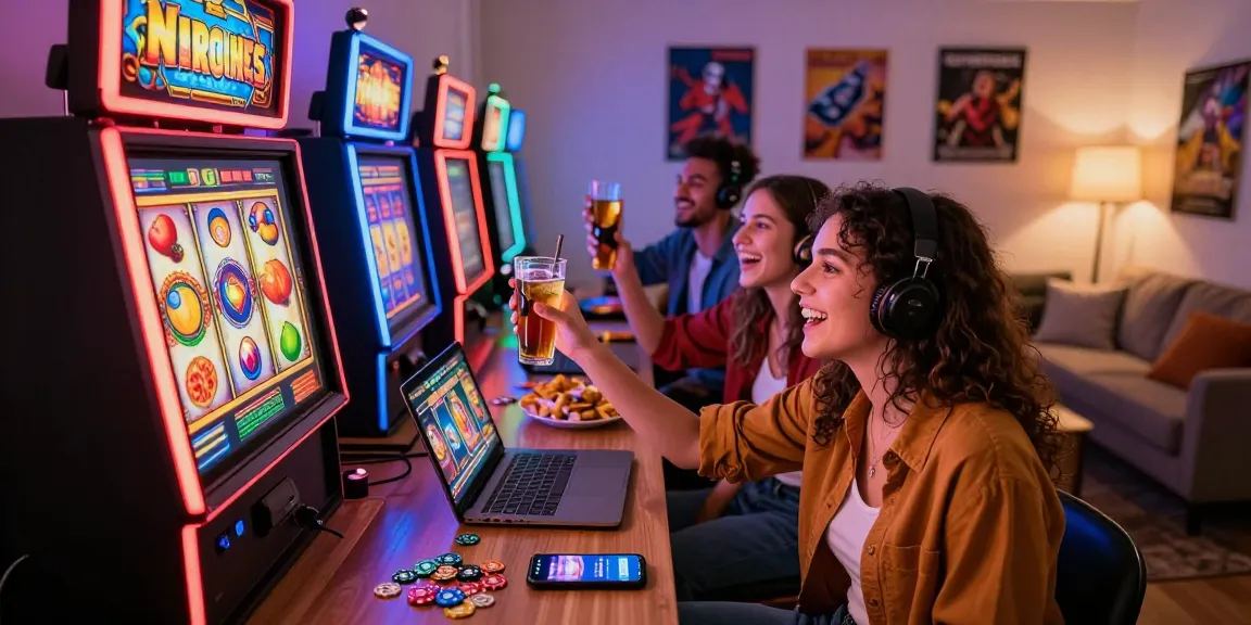 Exciting bandar slot gaming scene with friends enjoying colorful slot machines at home.