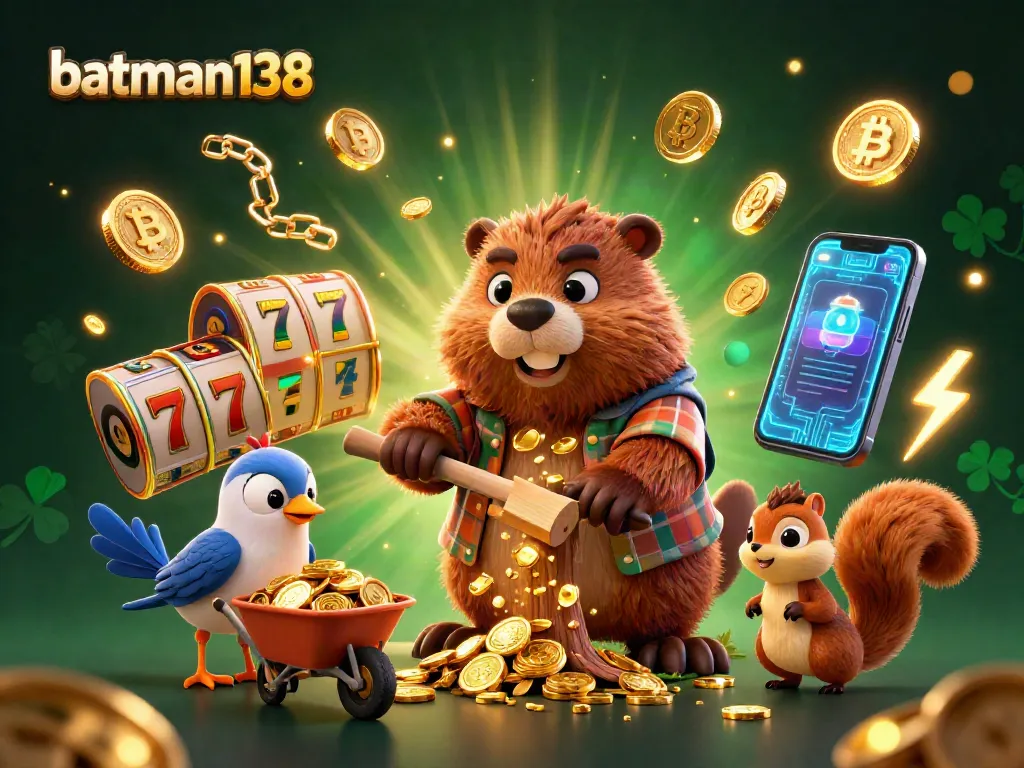 Engage with batman138's exciting slot gameplay featuring a lively beaver amidst gold coins, crypto elements, and jackpot symbols.