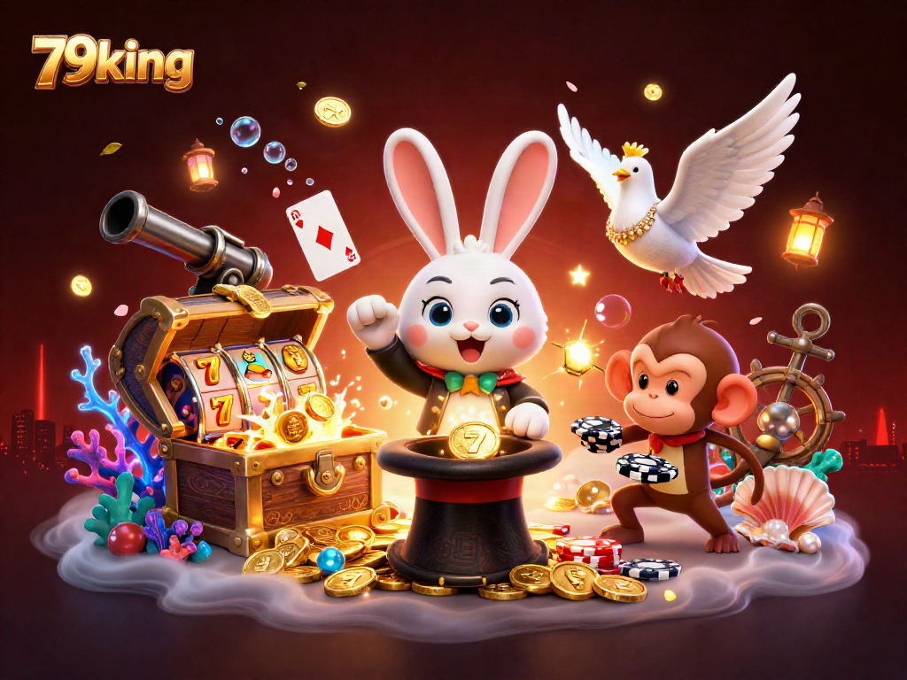 79king showcases a magician rabbit with coins, illustrating thrilling casino action in a vibrant scene.