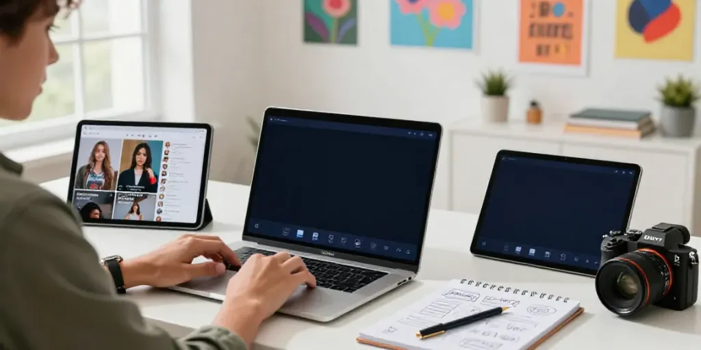 Content creator using AI to write TikTok captions in a bright digital workspace.