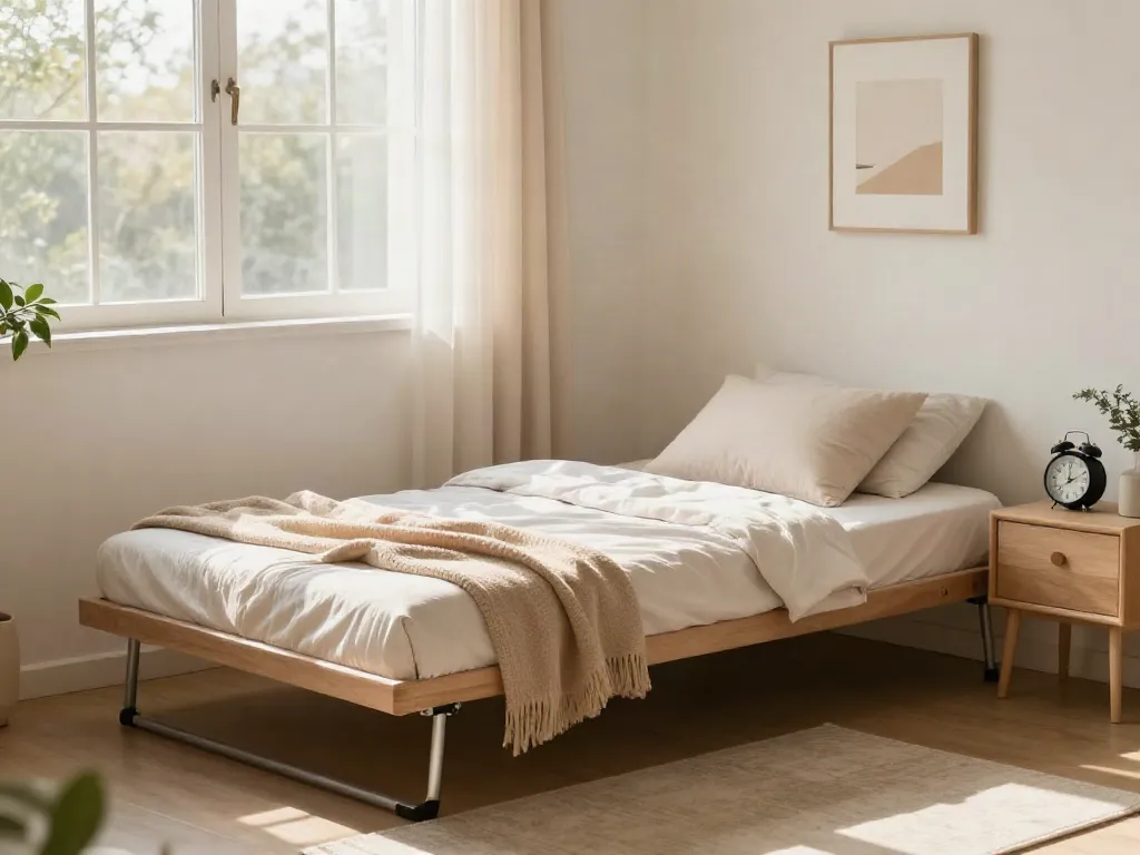 Comfortable fold up bed in a cozy bedroom bathed in morning light, perfect for optimizing small spaces.