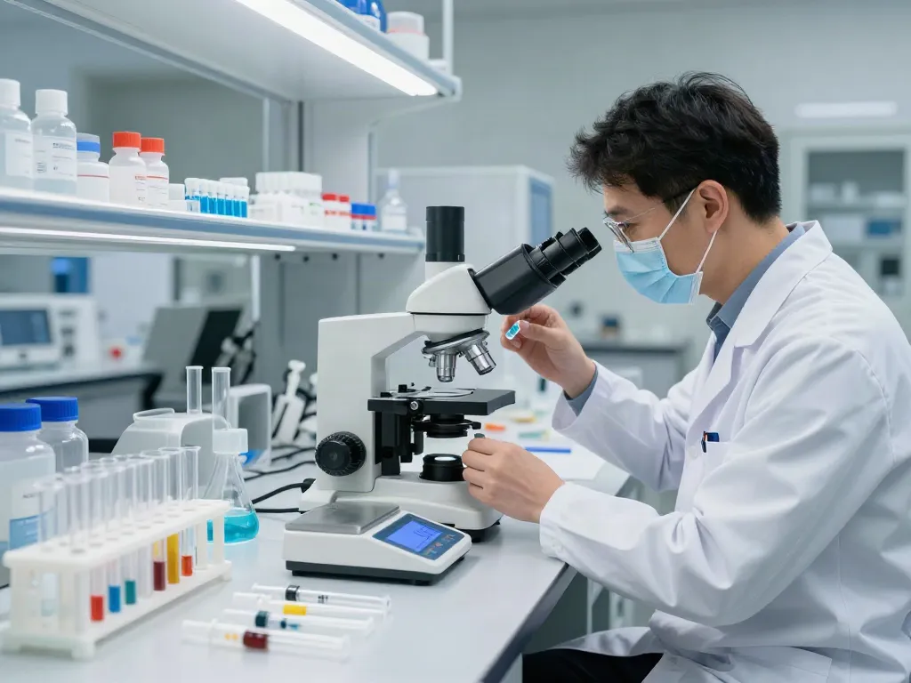 Swiss Chems laboratory scene with researcher examining peptides under a microscope.
