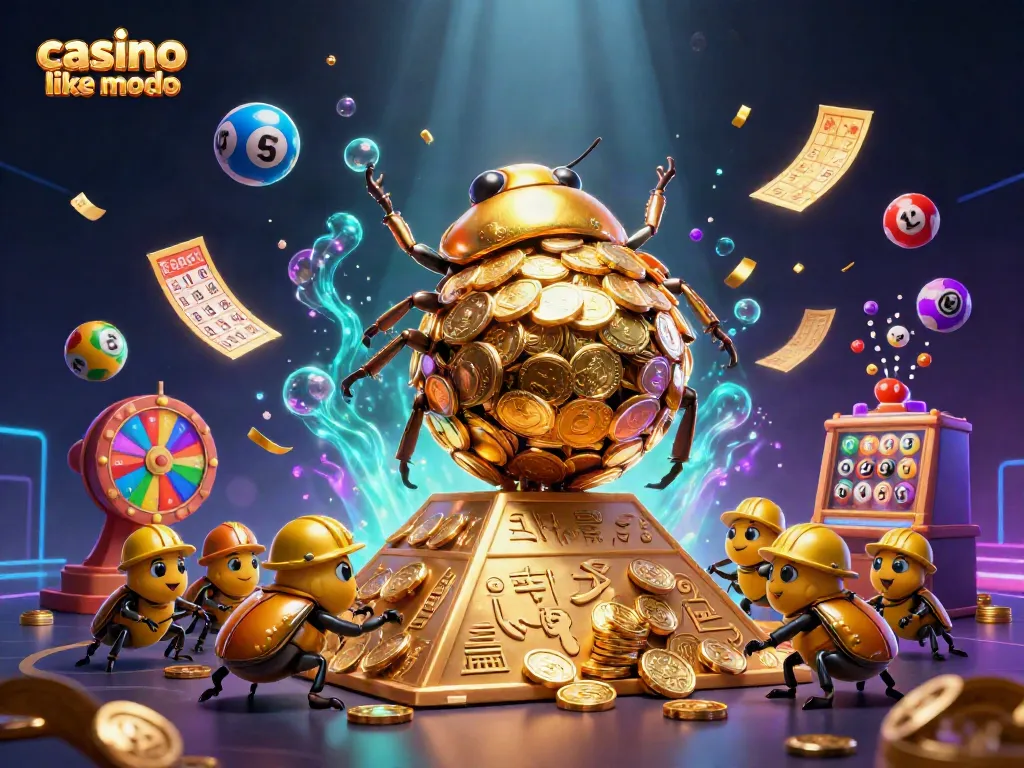 Experience casino like modo with vibrant lottery elements, golden coins, and cheerful beetles in a 3D illustration.