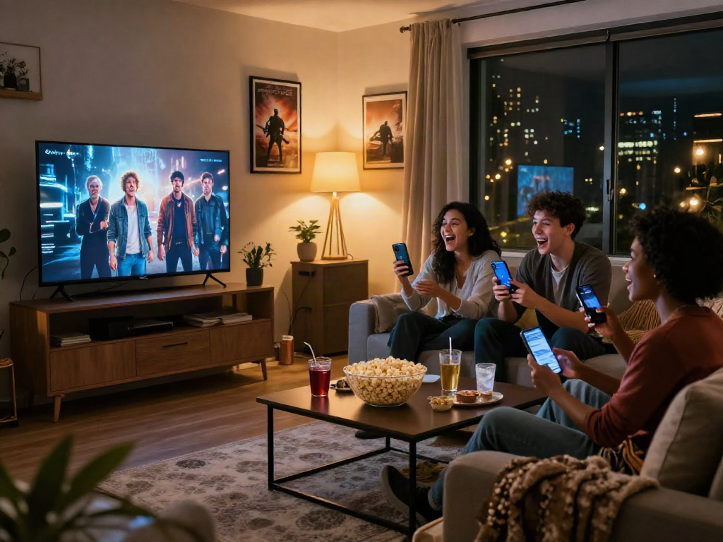 Friends enjoying movie night using the Moviebox app in a cozy living room with snacks and drinks.