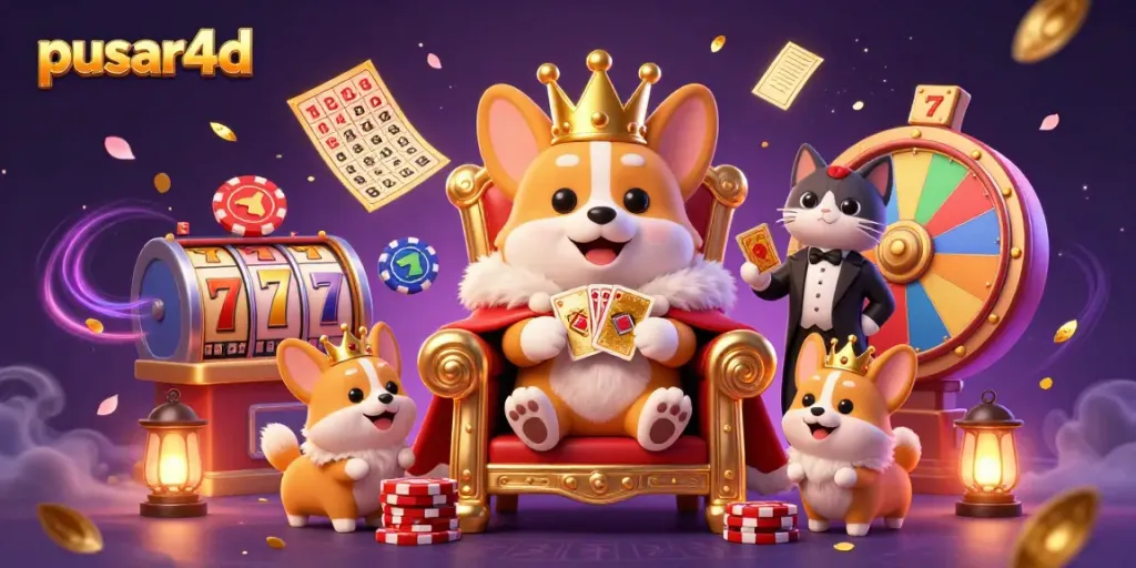 Pusar4d promotional illustration showing a royal corgi on a poker chip throne celebrating slots excitement with dynamic game elements.