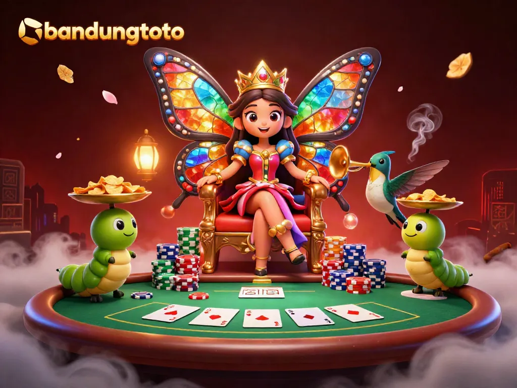 Engage with bandungtoto's vibrant casino scene, featuring a butterfly queen and poker elements.