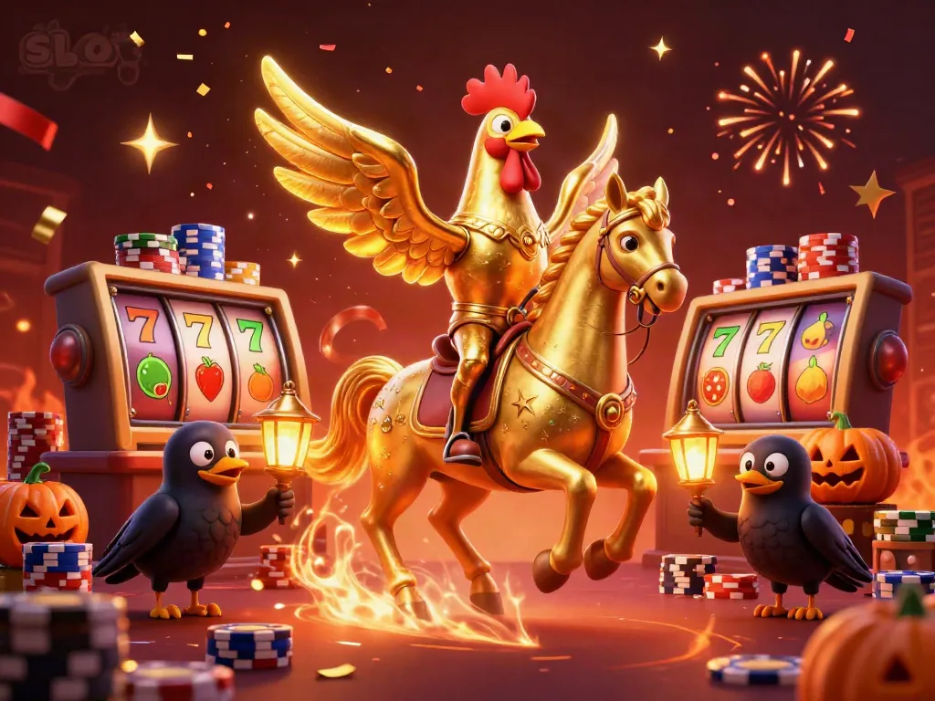 Experience thrilling slot gameplay with this vibrant illustration of a golden rooster and spectral horse in a casino.