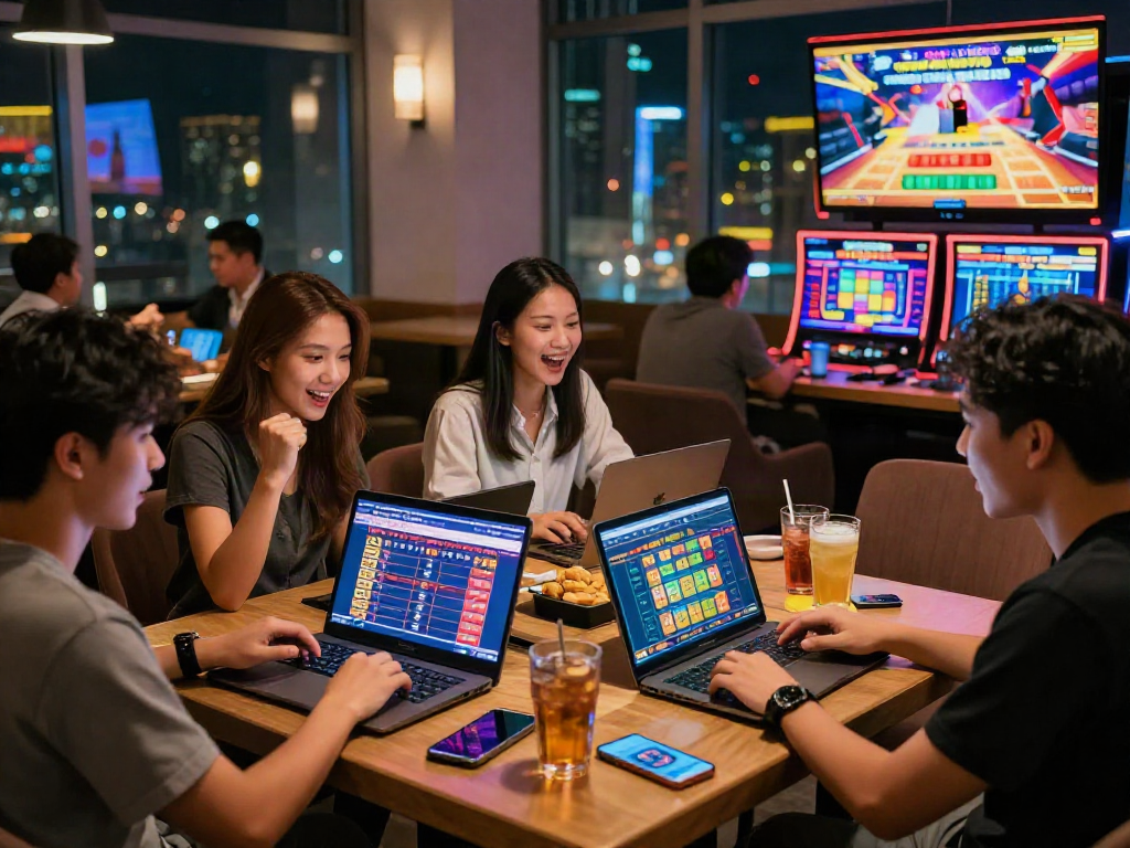 Engaging scene of friends enjoying bandar togel online at a modern lounge, showcasing excitement and interaction.