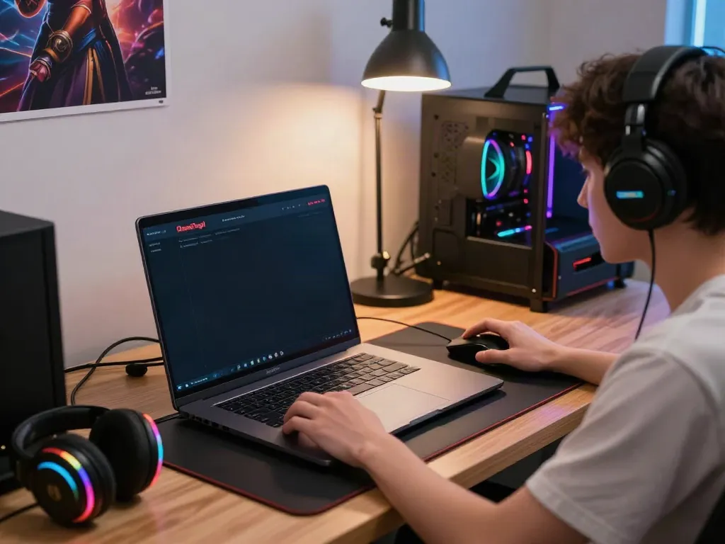 Engaging login DewaTogel online gaming setup with vibrant accessories and ambient lighting