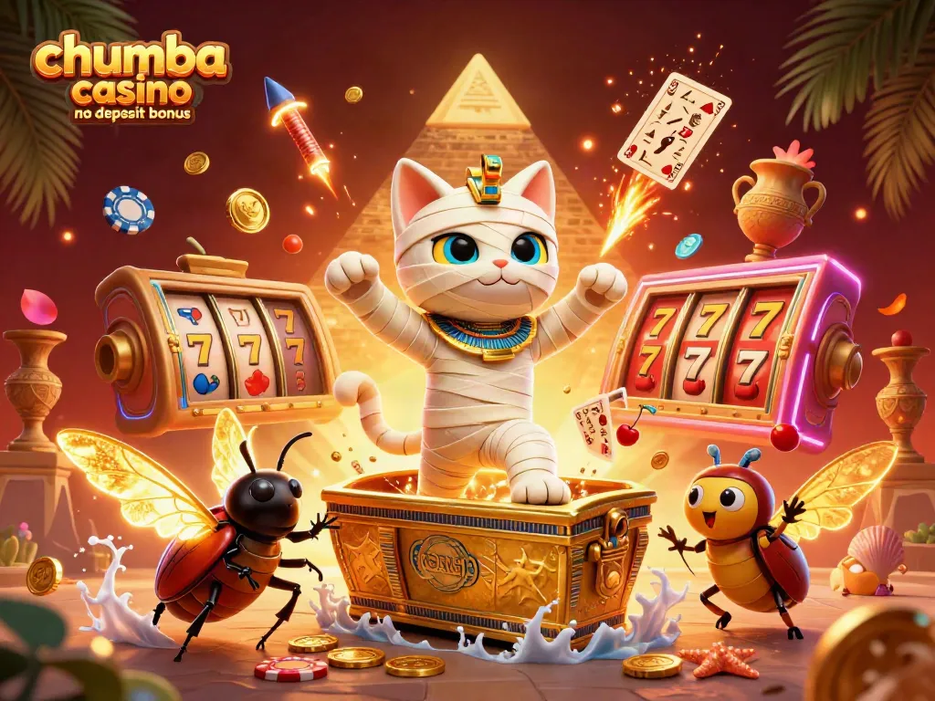 Win exciting prizes with Chumba Casino no deposit bonus featuring a 3D mummy cat bursting from a sarcophagus.