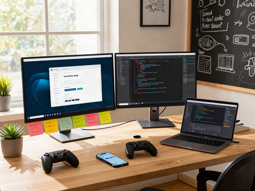 A developer engaging with the cocoflix apk on dual monitors, capturing a modern tech workspace filled with gadgets and creative inspirations.