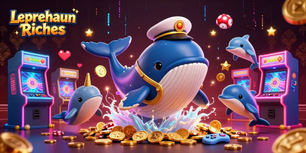 Leprechaun Riches slot scene with a whimsical whale, narwhal, and dolphins among casino gold and gaming elements