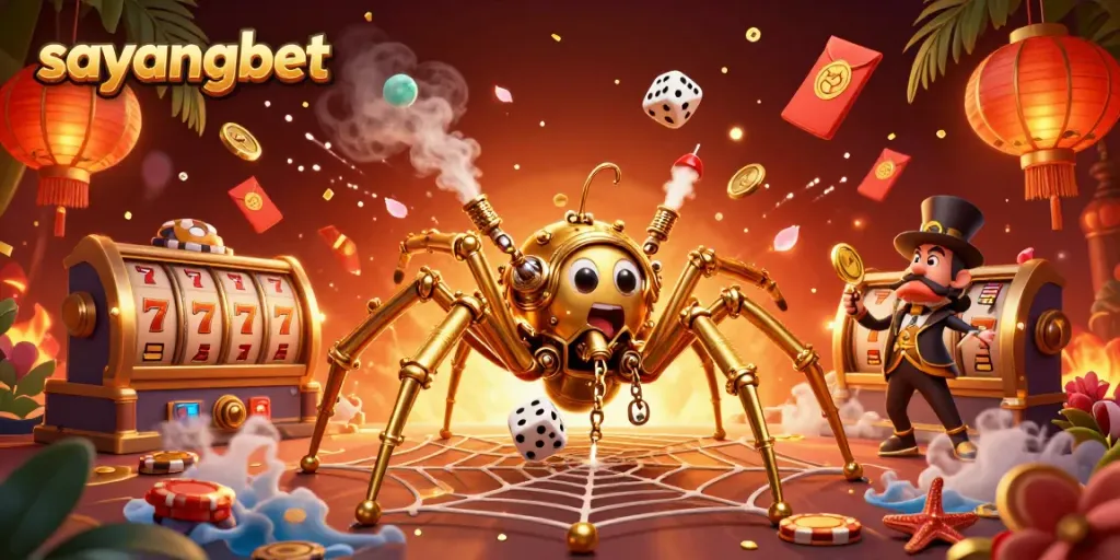 Experience thrilling gameplay with sayangbet in a vibrant 3D illustration featuring a steampunk spider and exciting casino elements.