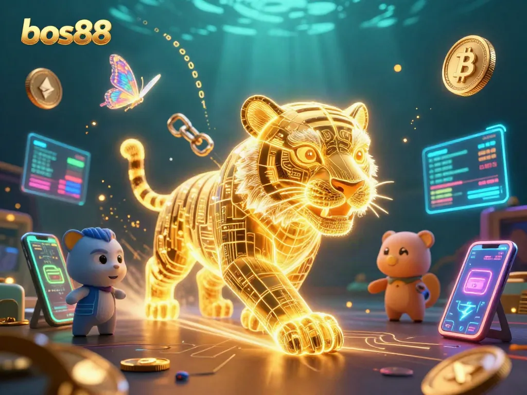 Belajar strategi permainan di bos88 dengan ilustrasi kasino digital menarik yang menampilkan harimau emas neon.