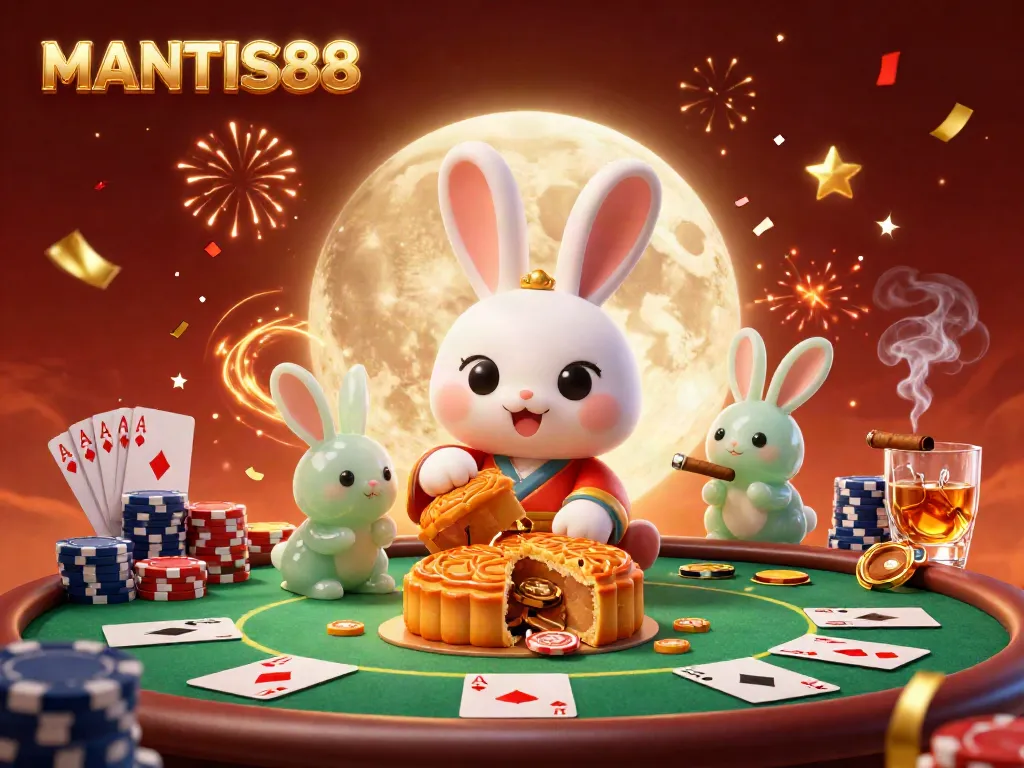 Engage in thrilling games at MANTIS88 with a vibrant scene featuring poker chips and a moon rabbit.