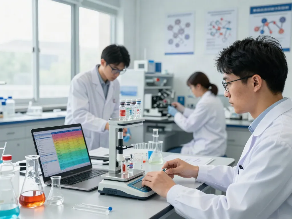 Scientists researching and comparing peptide prices at peptideprice/store in a modern lab.