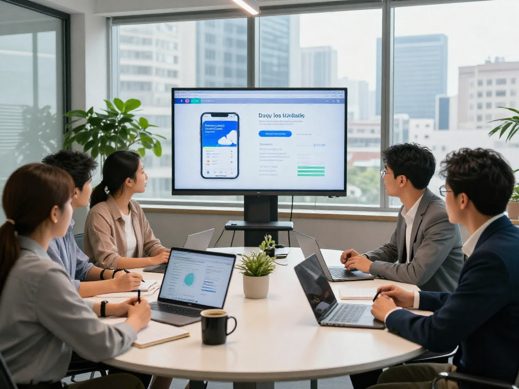 Buy iOS installs through a collaborative team discussion in a modern office environment.
