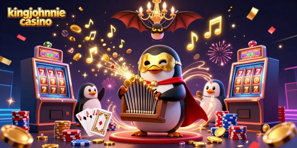 Experience the excitement at kingjohnnie casino with golden coins flying and vibrant gaming symbols.