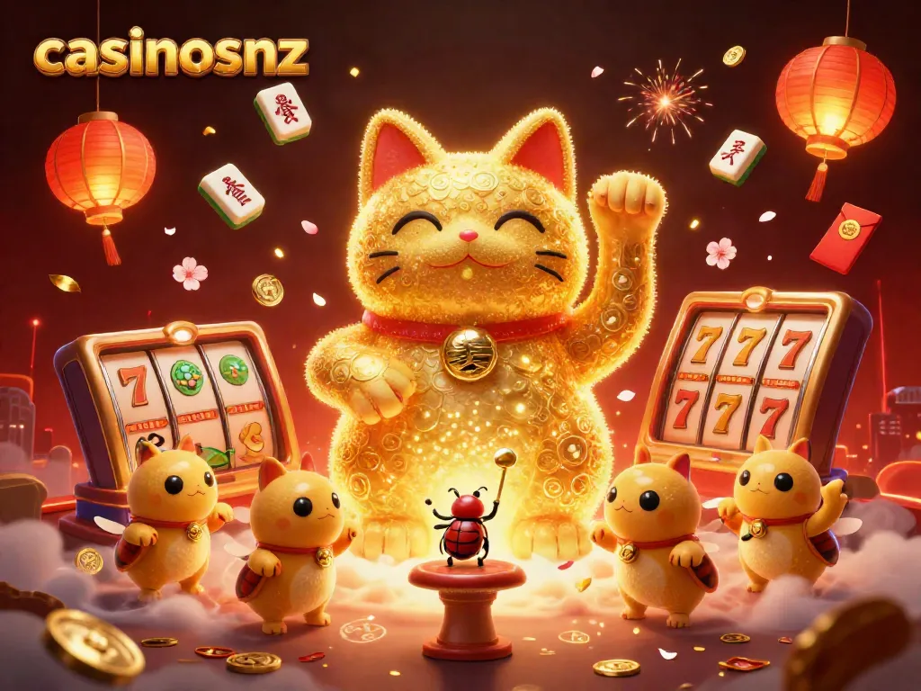 Experience vibrant casinosnz gameplay with animated lucky cat and dynamic casino symbols.