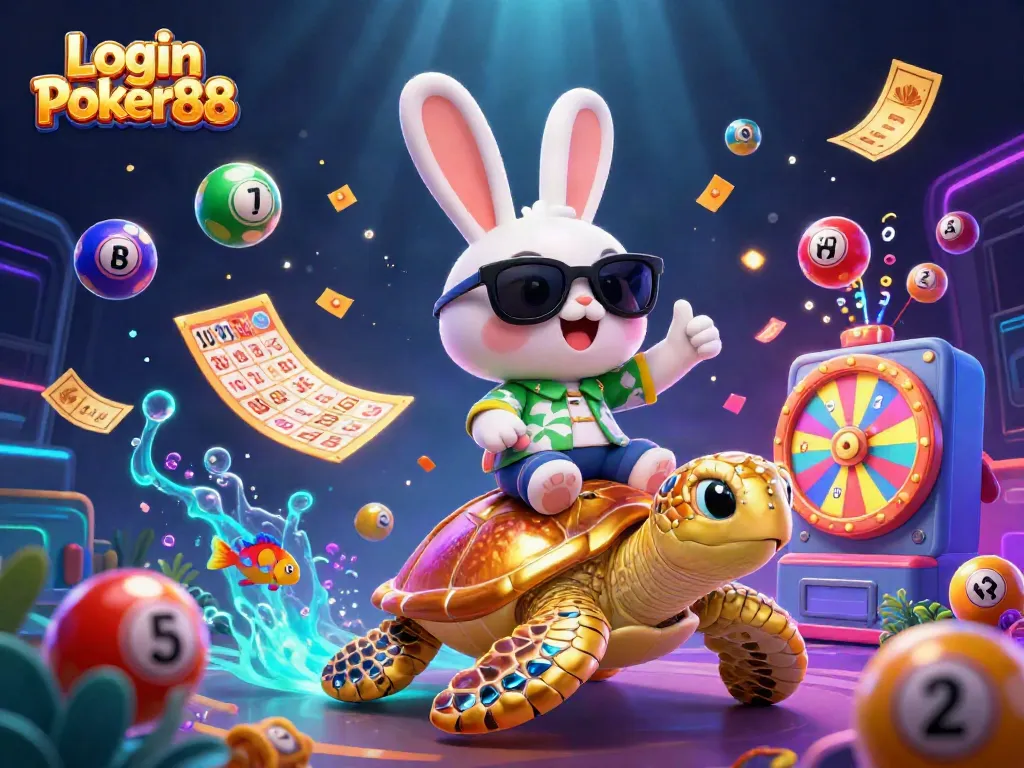 Experience the excitement of Login Poker88 with our lively casino-themed 3D illustration featuring vibrant characters and game elements.