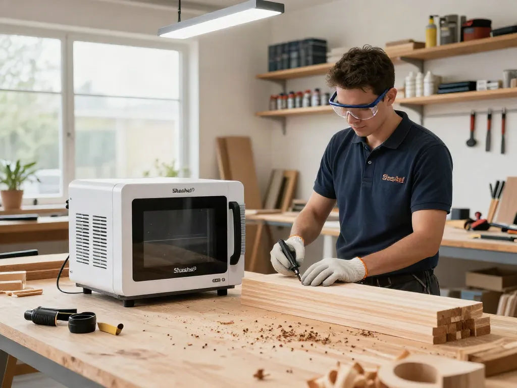 Eliminating woodworms with SHASHEL® microwave treatment in a professional workshop.
