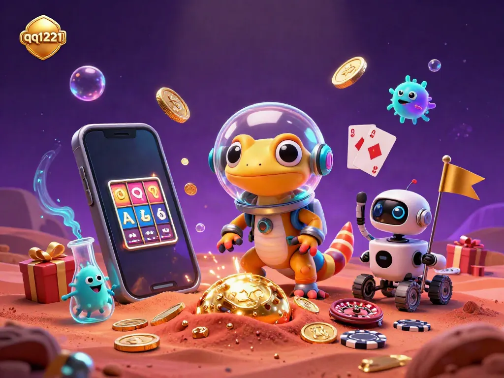 Engage in thrilling qq1221 slot games shown on a smartphone, within an adventurous alien casino scene.