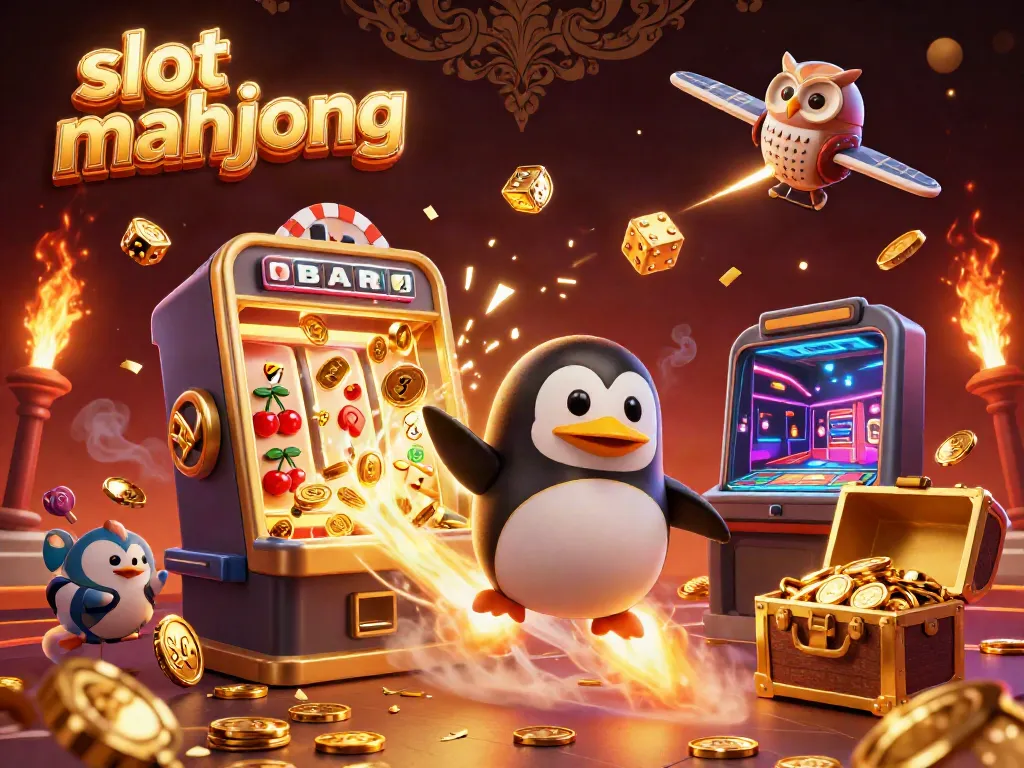 Experience exciting gameplay with slot mahjong as the golden penguin launches into space amidst jackpot explosions and vibrant symbols.