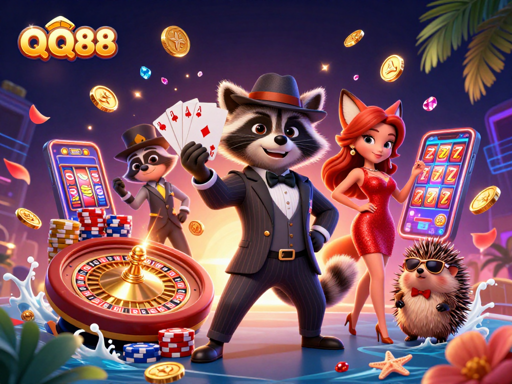 Experience the thrills of QQ88 with a suave raccoon, a glamorous fox, and dynamic casino elements.