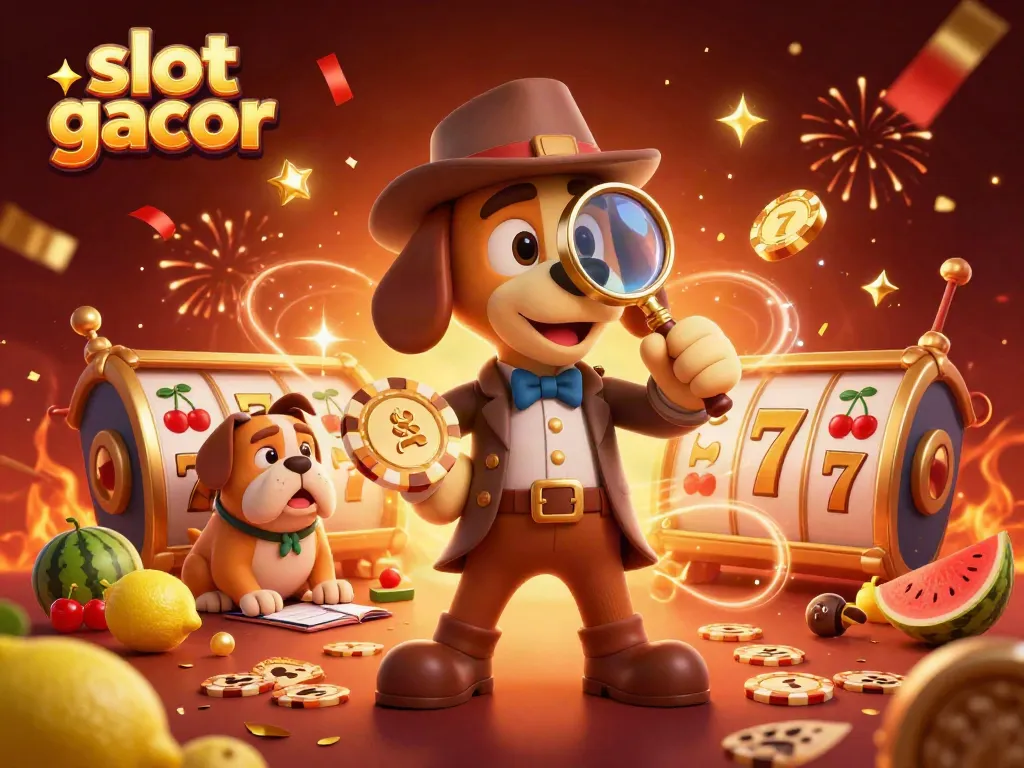 Slot gacor, detektif kartun menyelidiki dengan chip poker emas dan simbol buah, menambah keseruan taruhan.