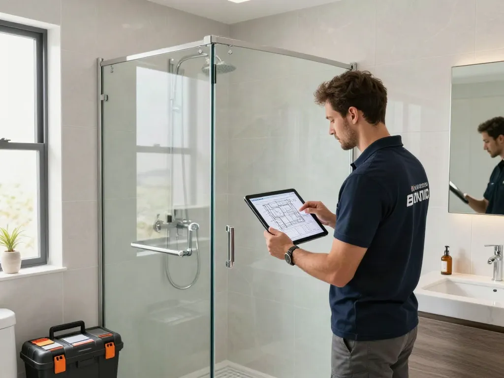 Bathroom remodeling contractor Bellevue installing a frameless glass shower in a modern, well-lit bathroom renovation.