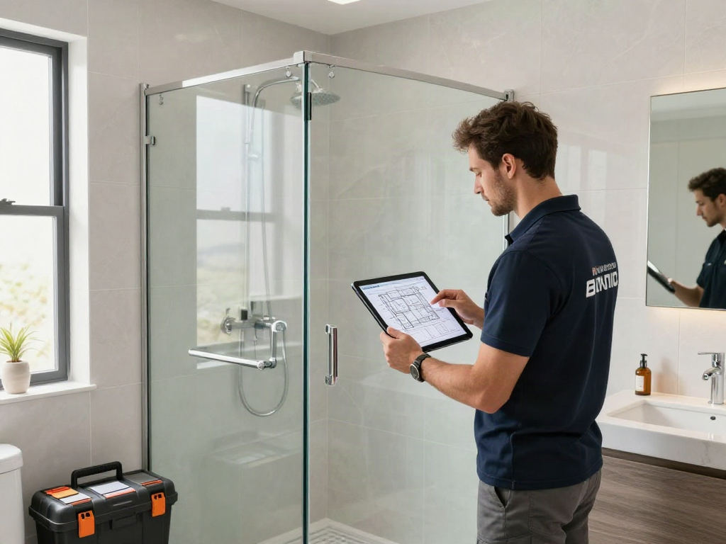 Bathroom remodeling contractor Bellevue installing a frameless glass shower in a modern, well-lit bathroom renovation.