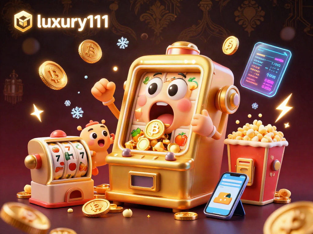 luxury111 showcases a golden slot machine hitting a jackpot with coins, embodying casino excitement.