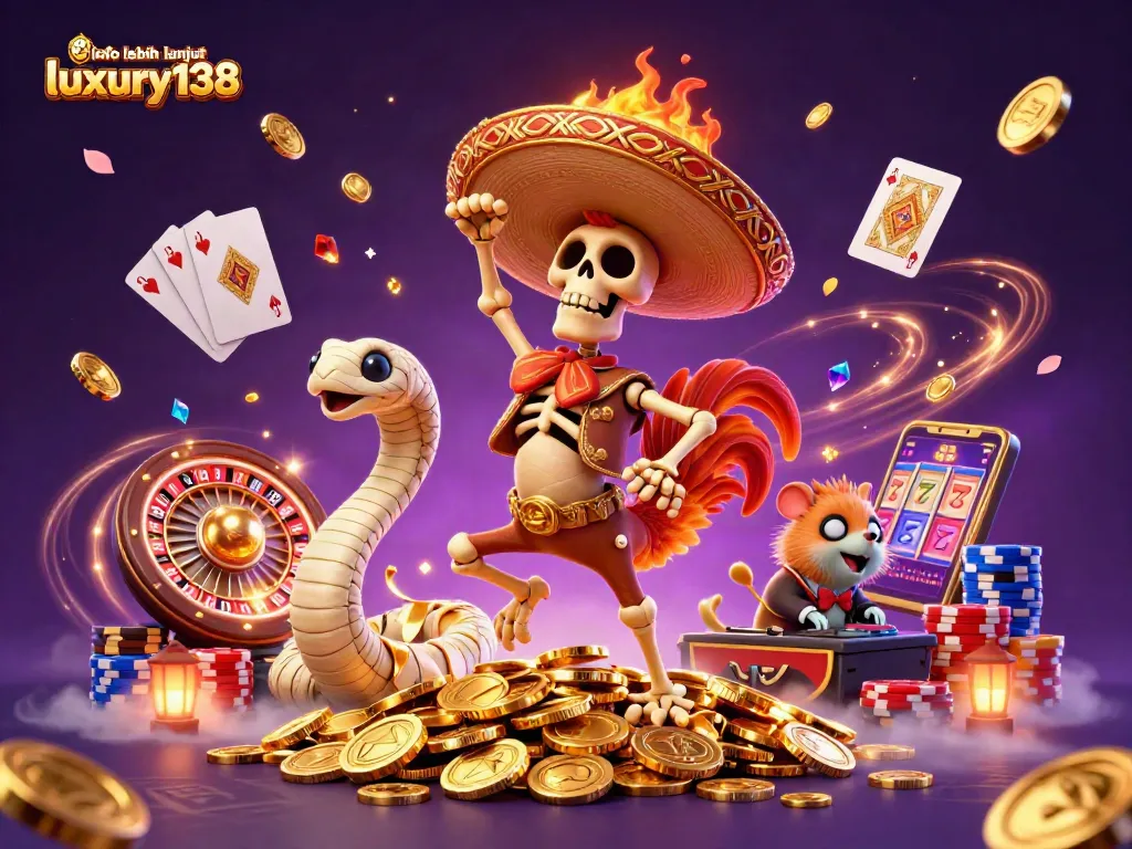 info lebih lanjut luxury138 menampilkan skeleton mariachi beruang dalam kemenangan di uang emas.