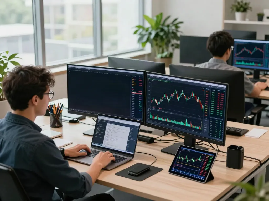 Dynamic forex quote API trading scene with multiple monitors showing cryptocurrency charts and market data.