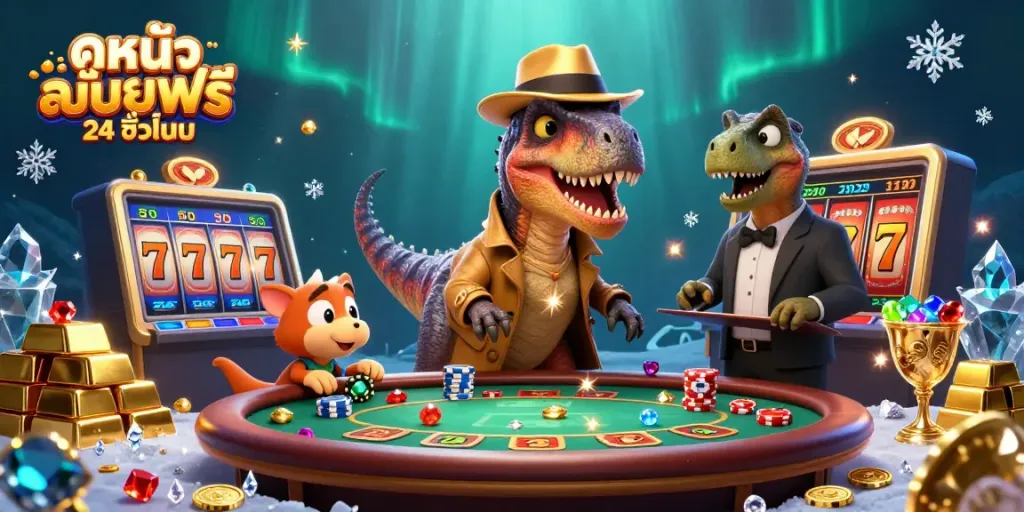 Experience ดูหนังออนไลน์ฟรี 24 ชั่วโมง with a velociraptor at a blackjack table amidst shining slot reels and treasure.