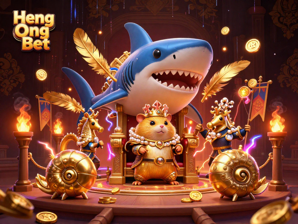 Engage with Heng Ong Bet through a vibrant 3D casino scene featuring a golden hamster king and rich gambling elements.